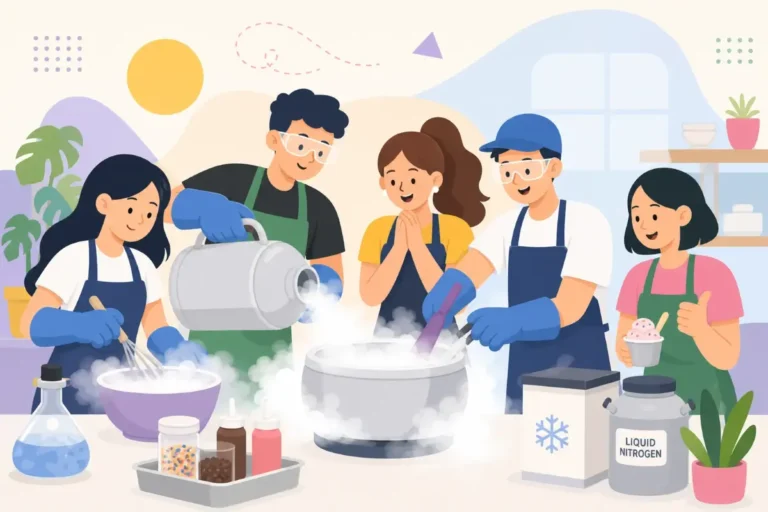 Illustrated graphic of a diverse group enjoying a team building ice cream workshop activity