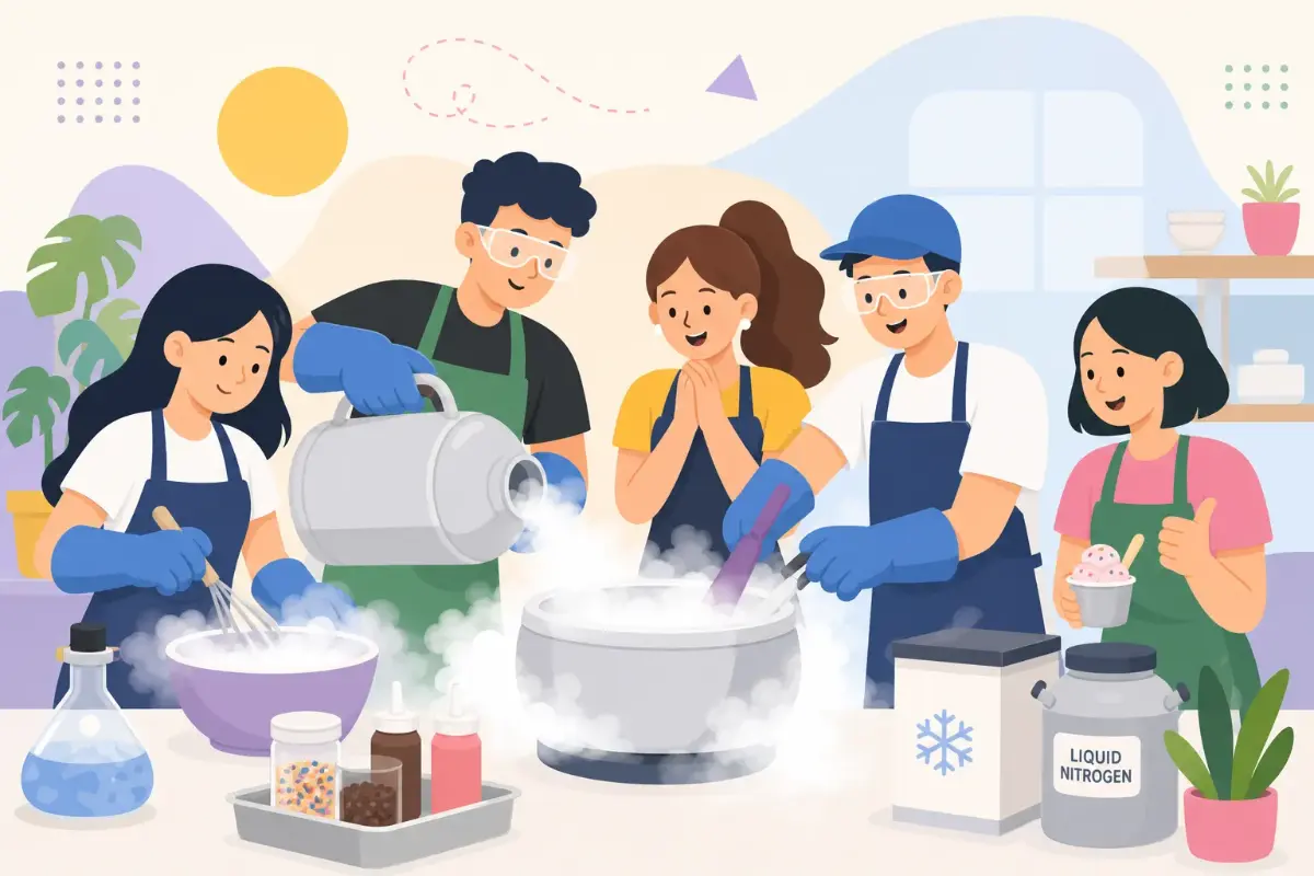 Illustrated graphic of a diverse group enjoying a team building ice cream workshop activity