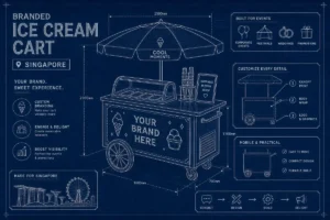 Blueprint diagram showing branded ice cream cart specifications and dimensions for Singapore events