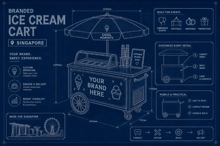 Blueprint diagram showing branded ice cream cart specifications and dimensions for Singapore events