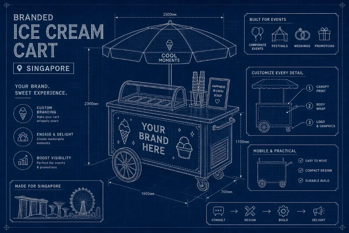 Blueprint diagram showing branded ice cream cart specifications and dimensions for Singapore events