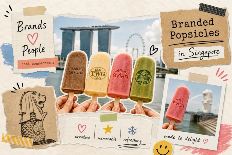 Illustrated collage of branded popsicles in different colours with the Singapore skyline behind
