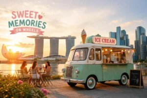 Vintage ice cream van parked at Marina Bay Sands during sunset in Singapore