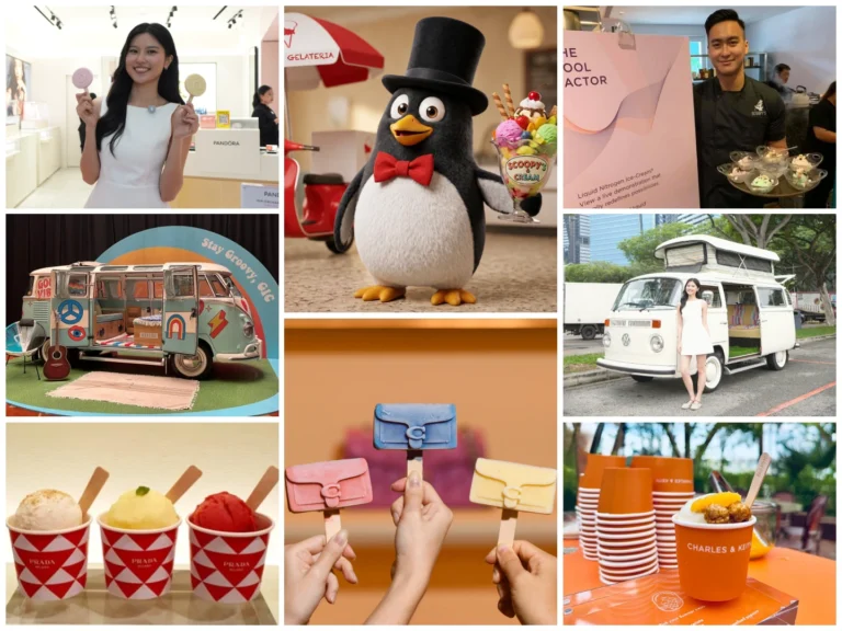 Custom 3D logo popsicles held up at a luxury brand activation event in Singapore