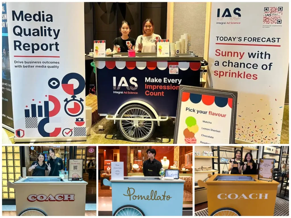 Fully branded ice cream cart at a corporate event in Singapore with uniformed crew