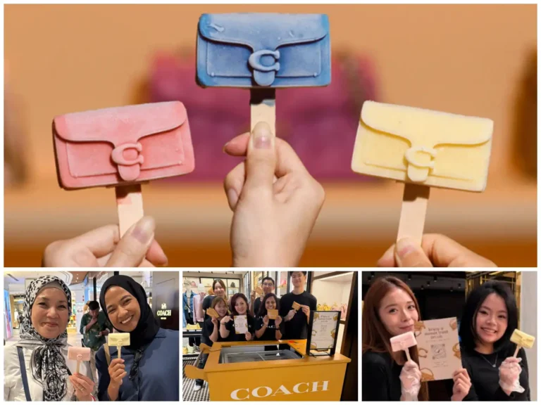 Custom 3D logo popsicles held up at a luxury brand activation event in Singapore